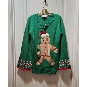 Gingerbread Man & Bells Ugly Christmas Sweater Party Holiday Size M
